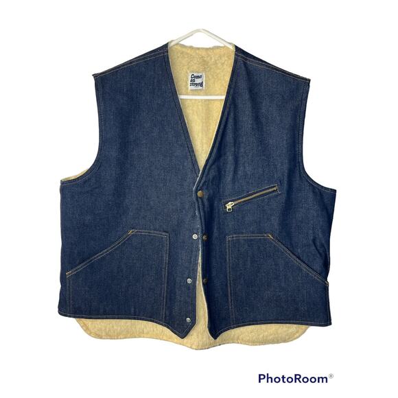 VCome on Strong Vest XL Mens Vintage Denim Shearling Sherpa Lined Snap Up - Picture 1 of 9